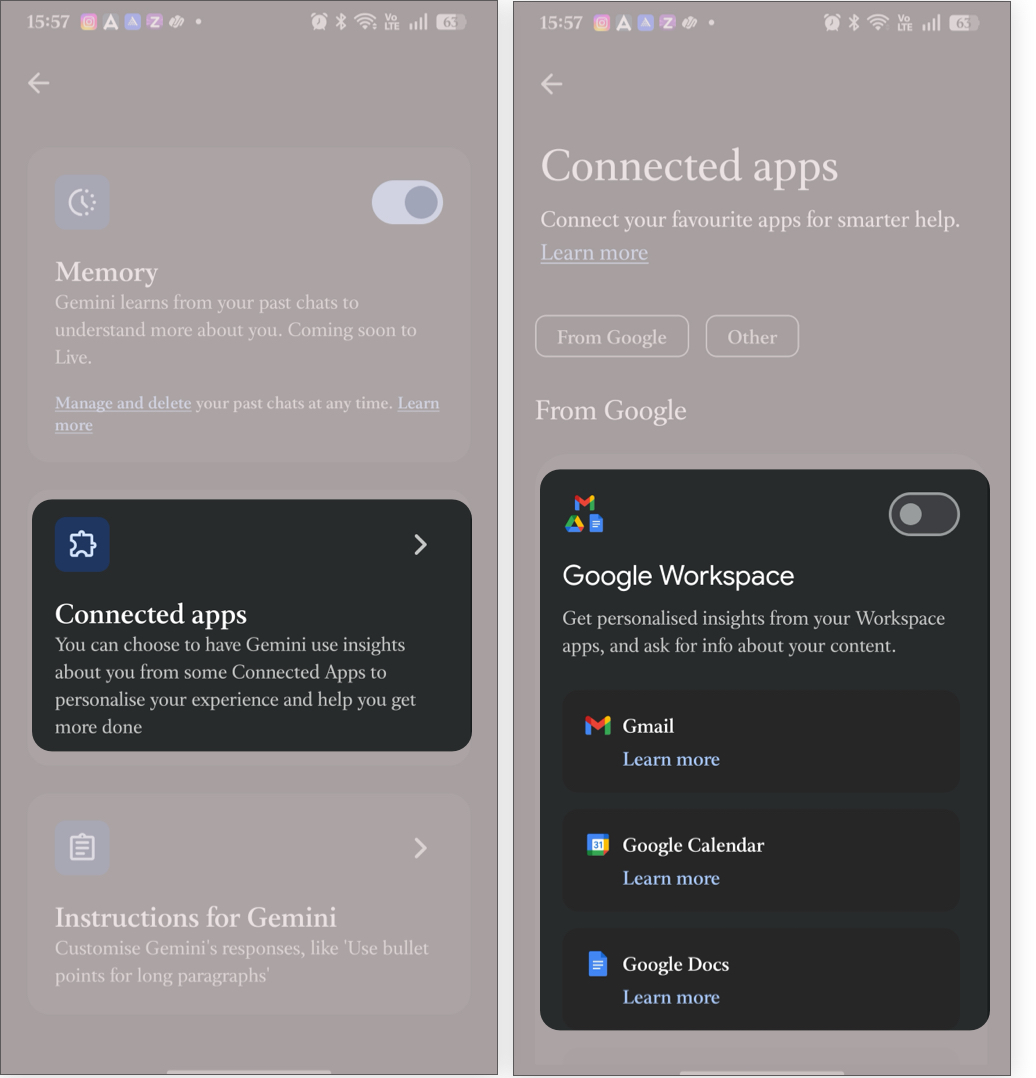 Tap Connected apps and toggle on Google Workspace