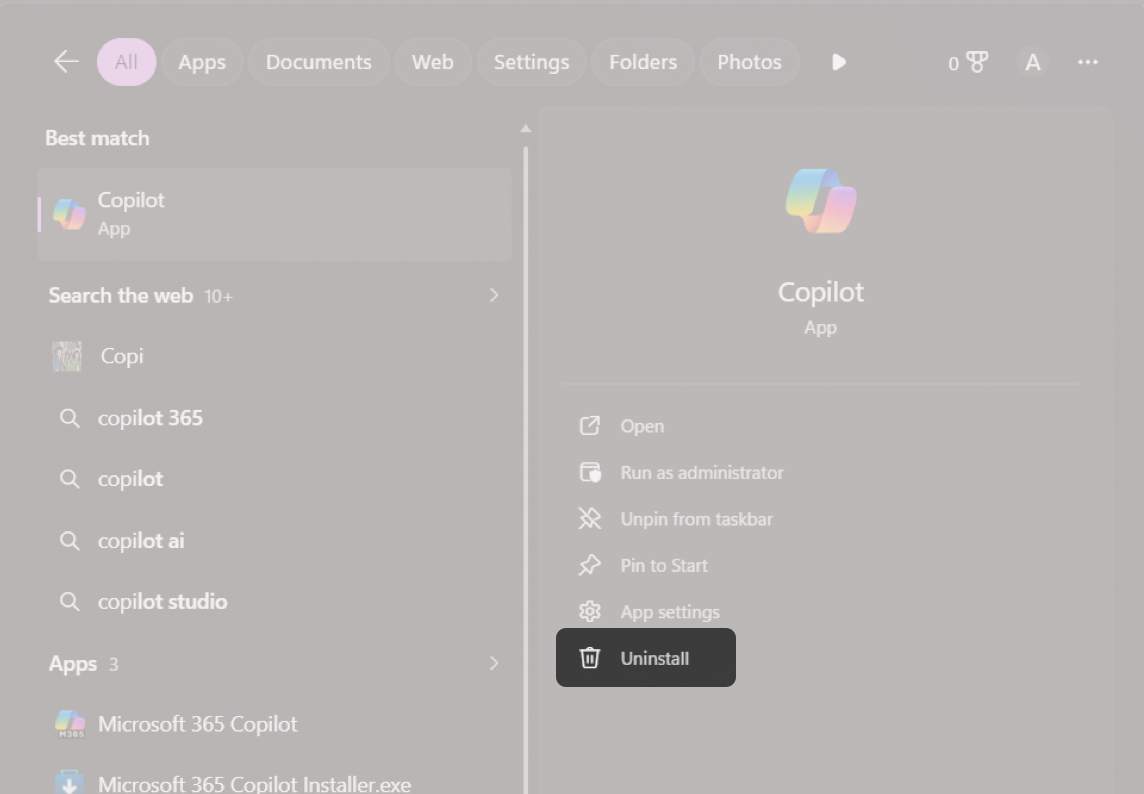 Uninstall Copilot From the Start menu