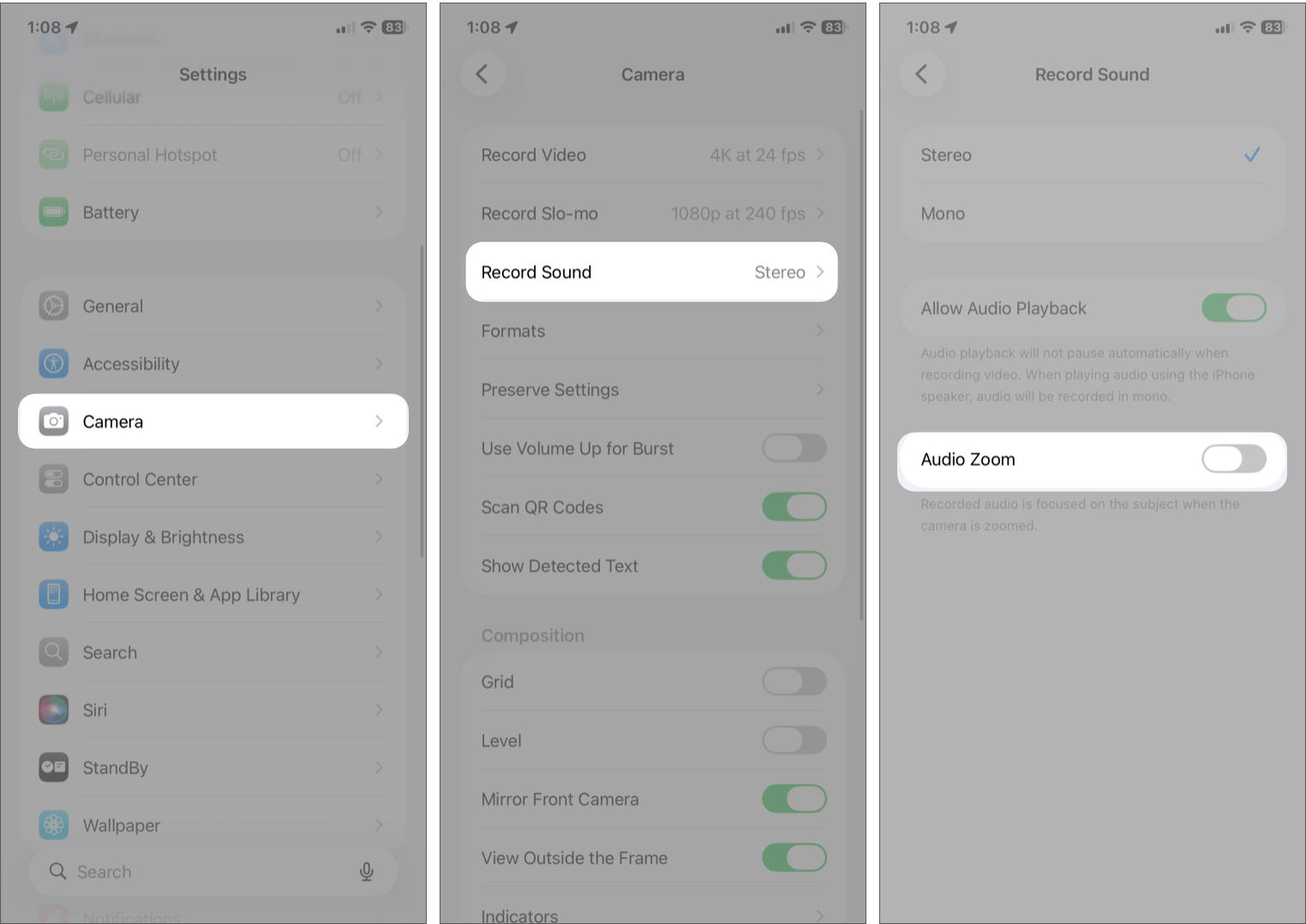 iPhone Camera Audio Settings