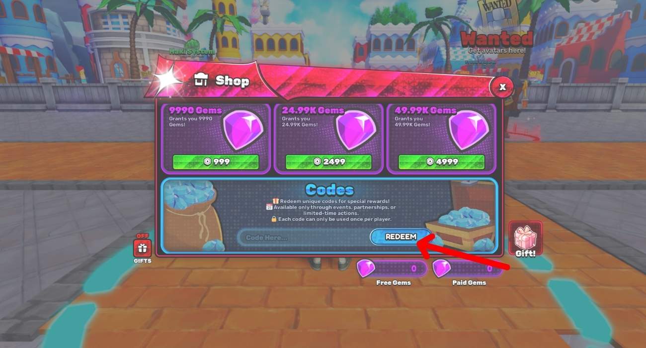 write a Code and Press Redeem to claim your rewards