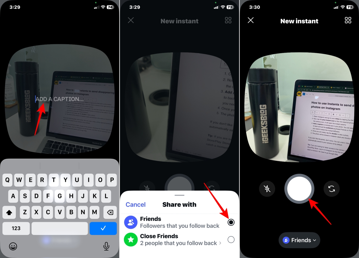 Add caption set audience and tap shutter button