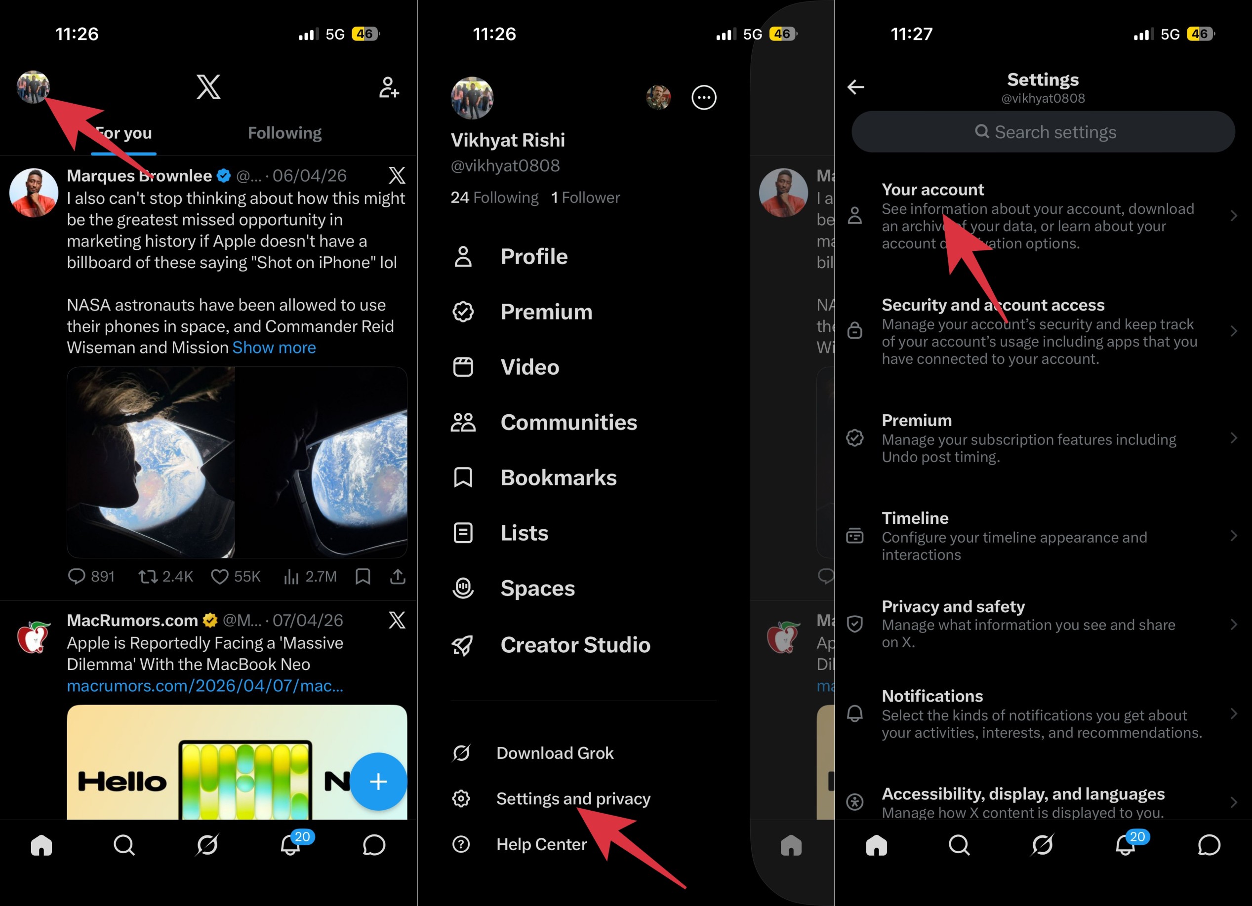 Choose Your Account in the settings menu