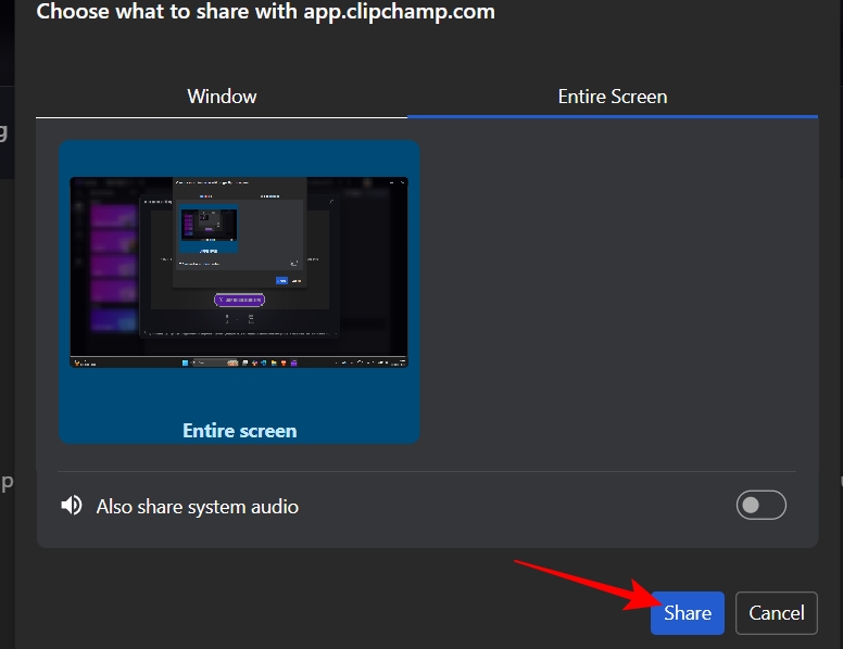 Choose between specific windows or the entire screen and hit Share