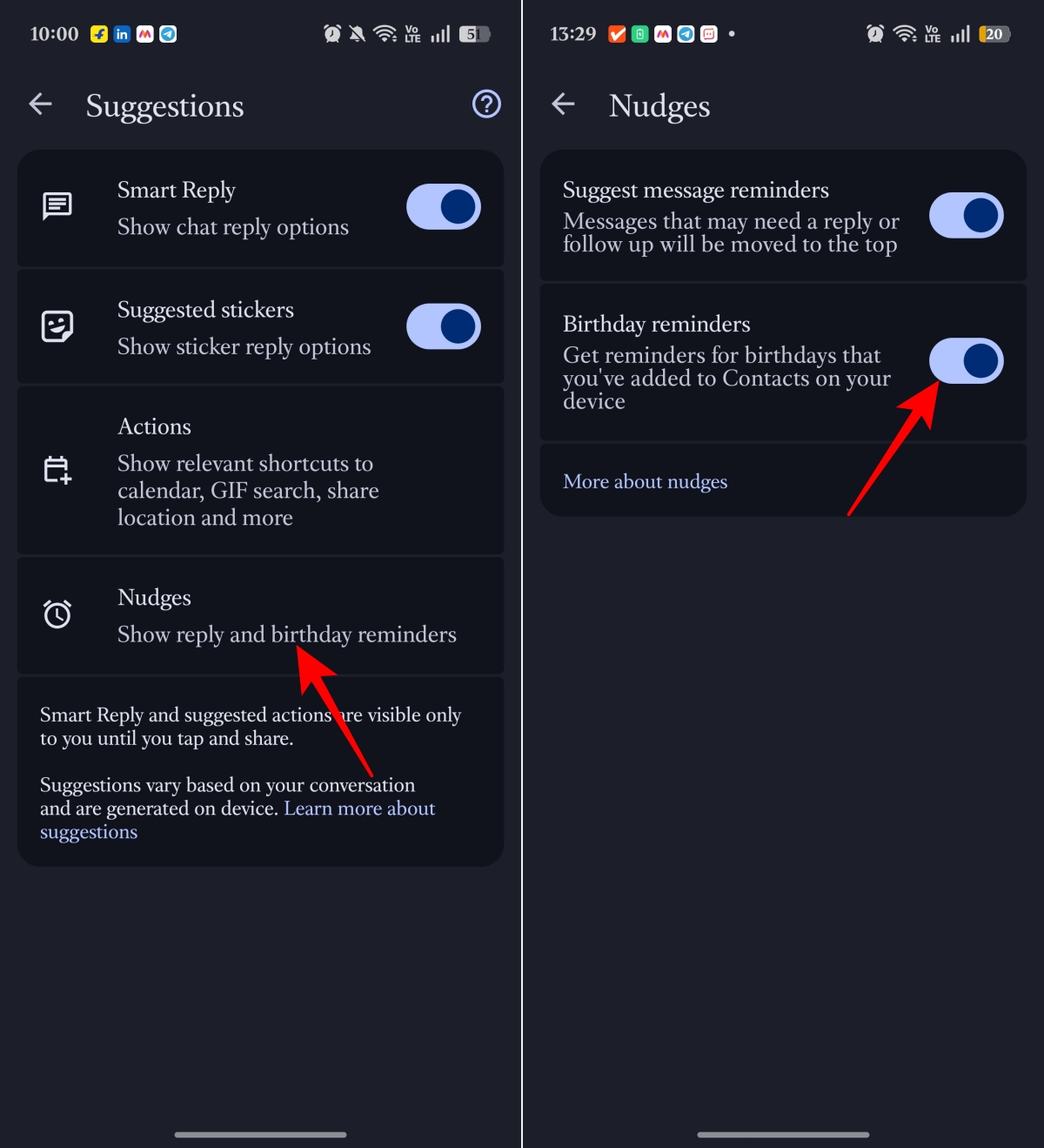 Enable message and birthday reminders in Nudges settings