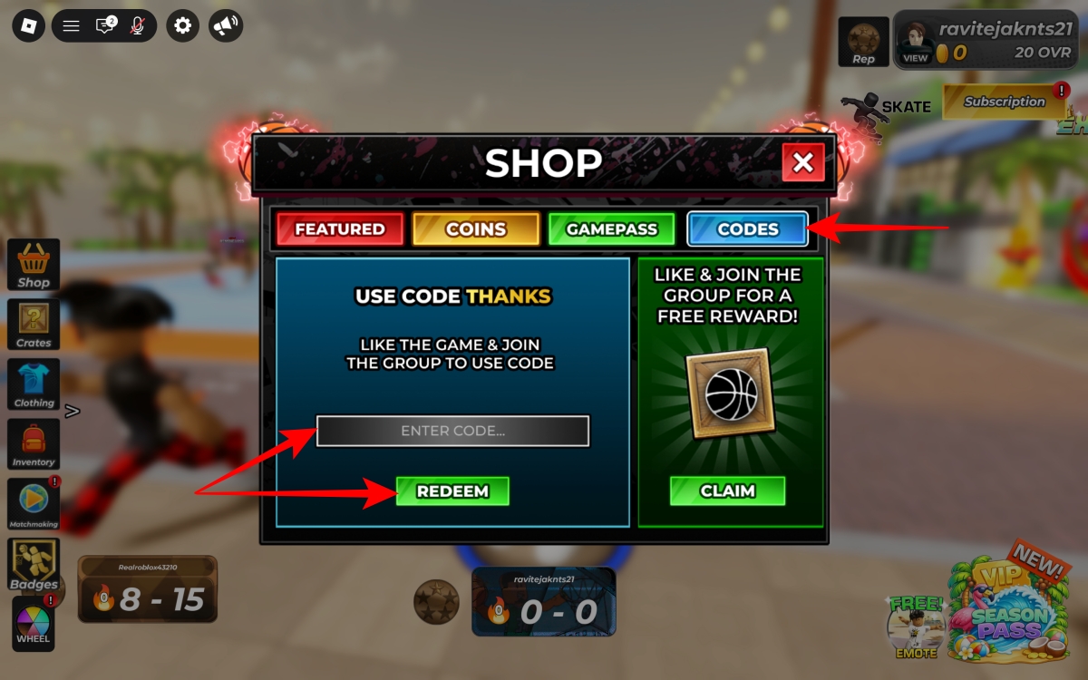 Enter a code and tap Redeem