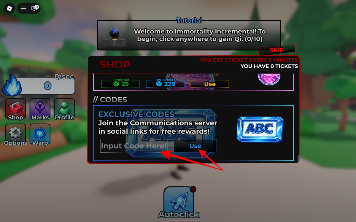 Enter a code and tap Use to claim rewards