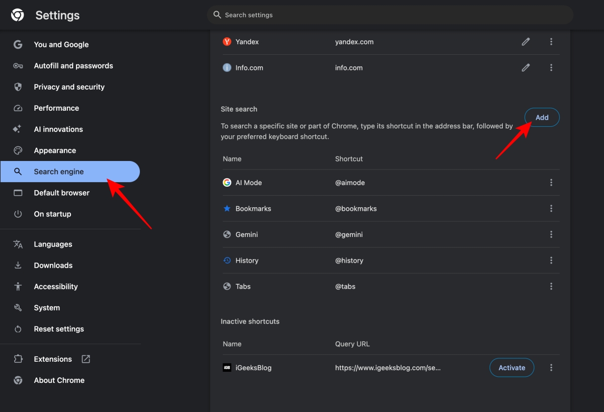 Open Chrome Settings and select Search engine