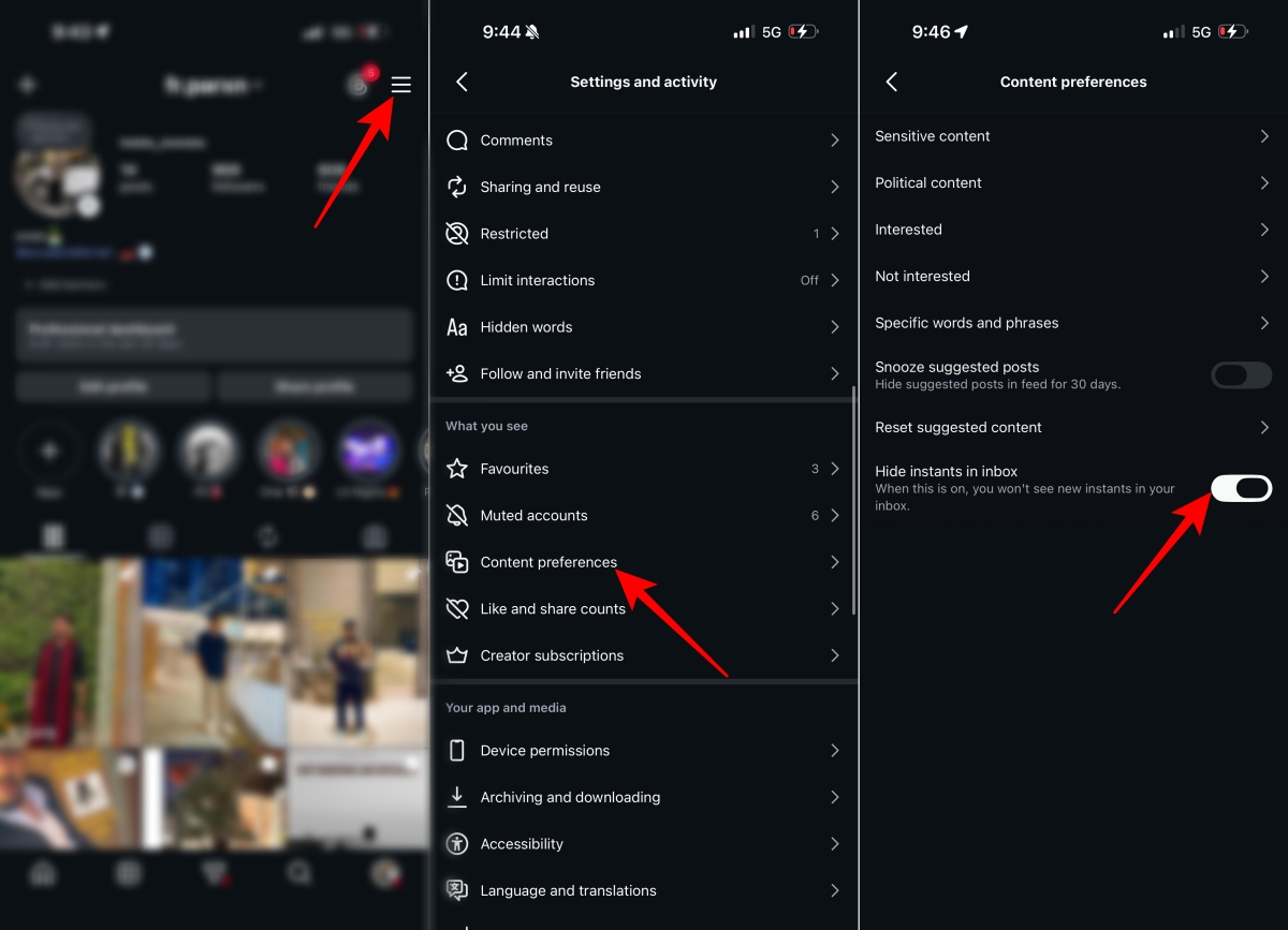 Open Content preferences and enable Hide instants in inbox