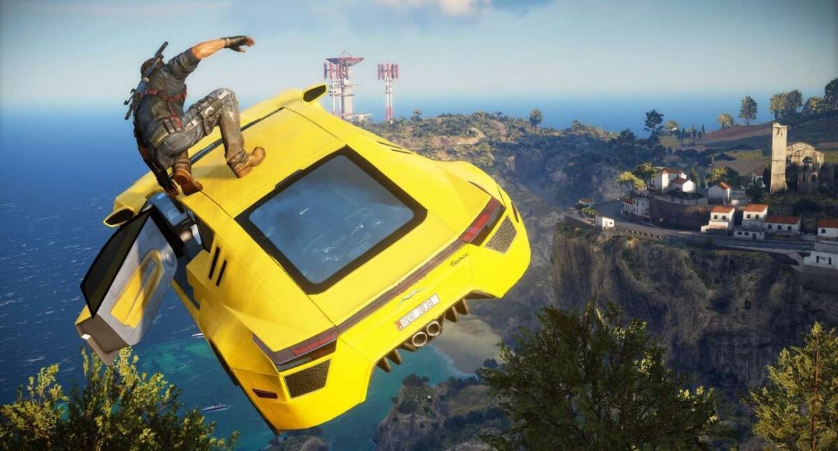 Rico Rodriguez atop flying car
