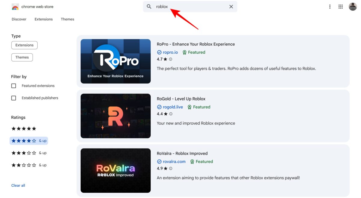 Roblox browser extensions on the Chrome Web Store