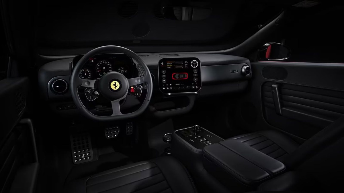 Ferrari Luce interior with steering wheel, physical controls, and digital displays