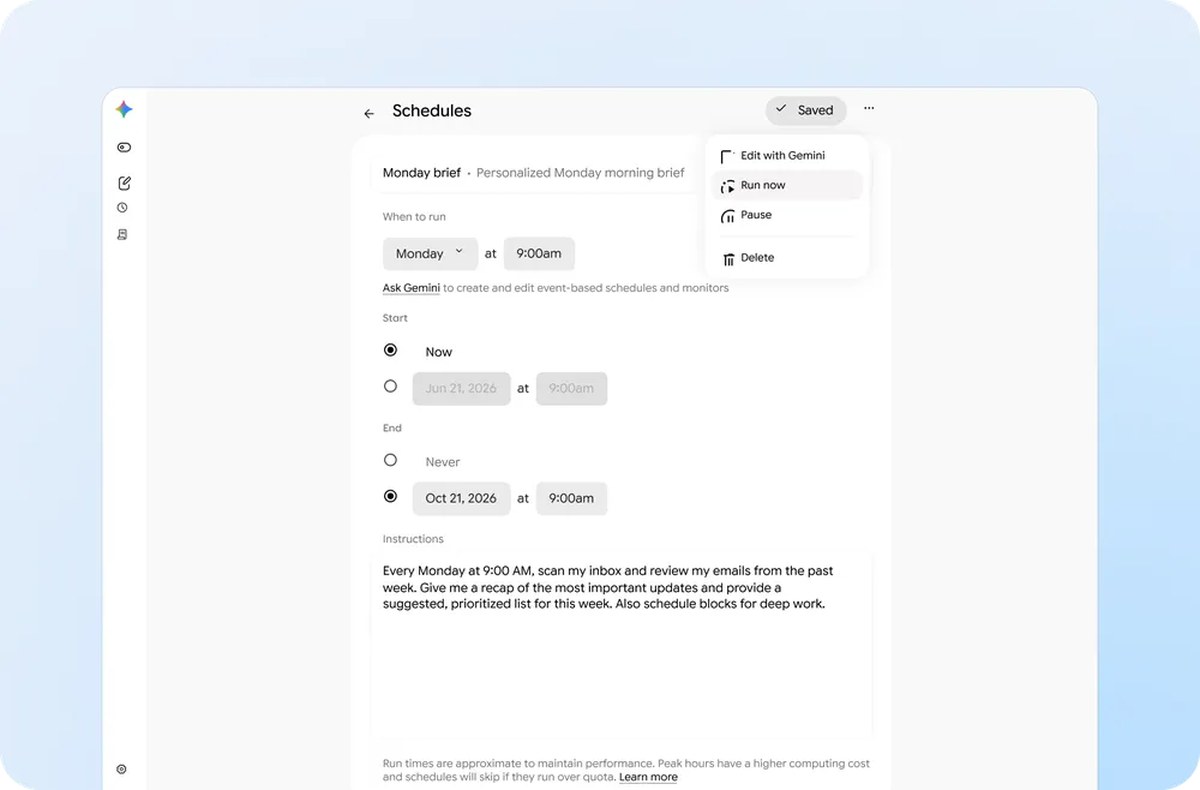 Gemini Spark agent scheduling interface at Google I/O 2026