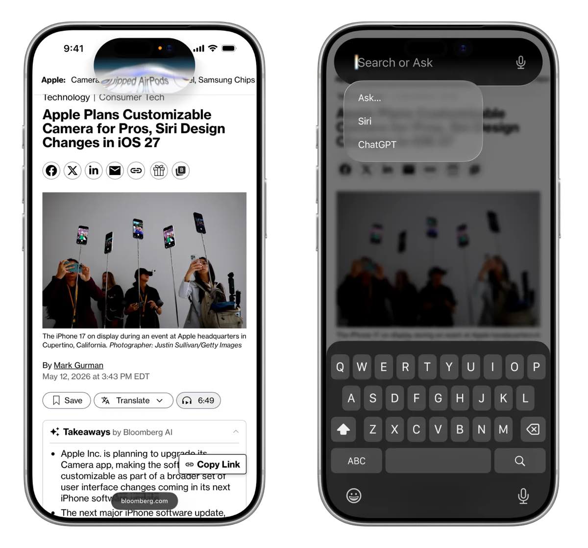 iOS 27 writing tools and Photos editing controls on iPhone