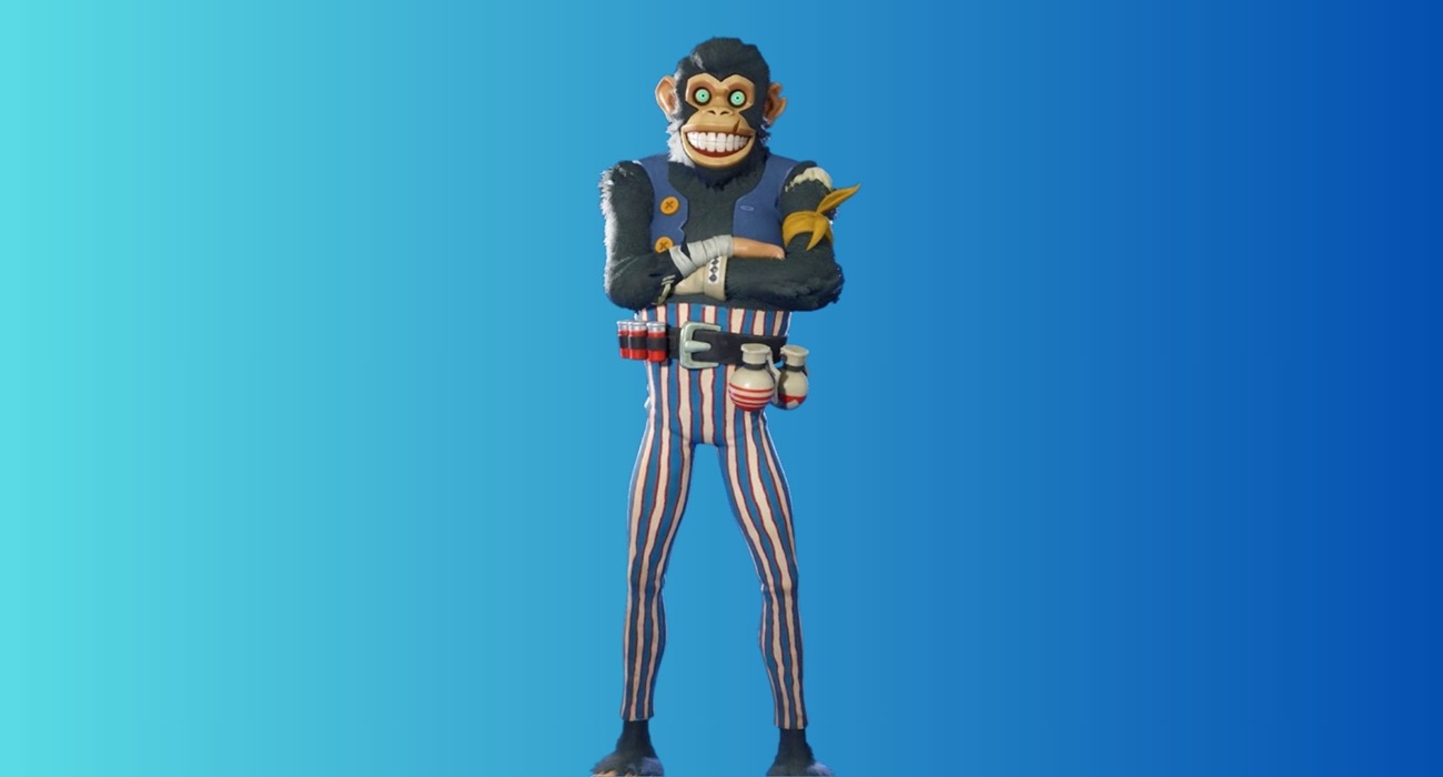 Cartoon monkey mascot in red, white, and blue striped pants with arms crossed against a blue gradient background.