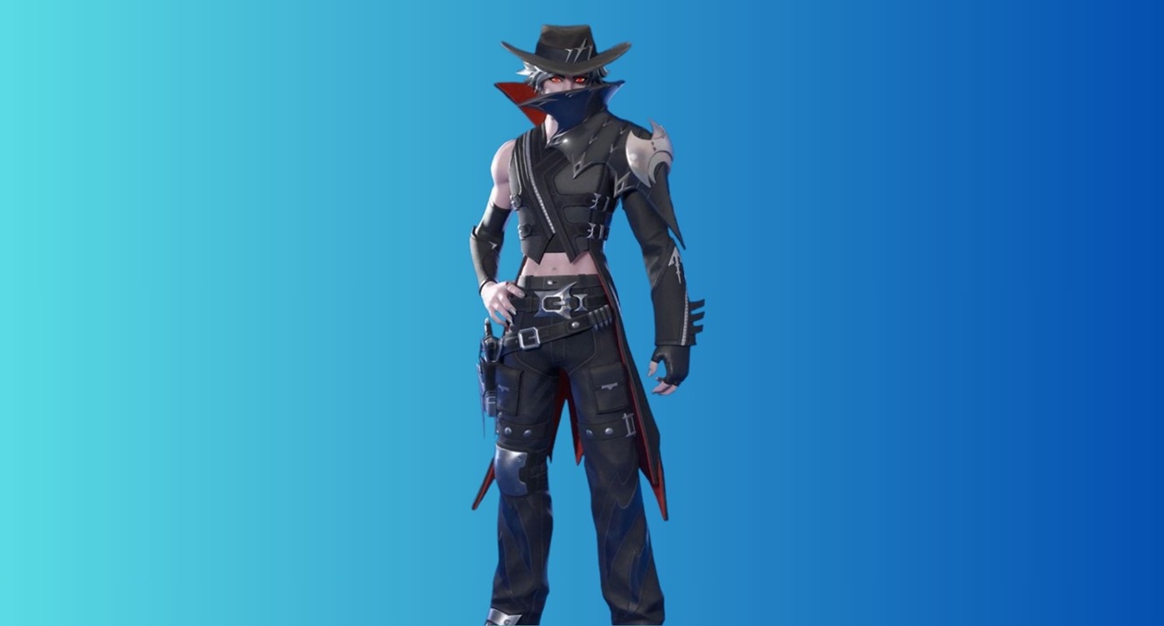 Fortnite character skin in a black armored outfit with a wide-brim hat and red scarf, standing on a blue gradient background.