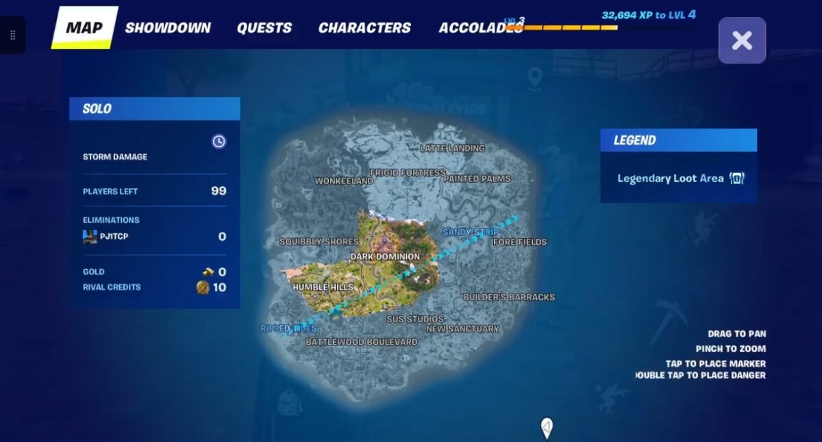 In-game map UI: island map centered on Dark Dominion with a left Solo stats panel showing players left and eliminations, legend on the right.