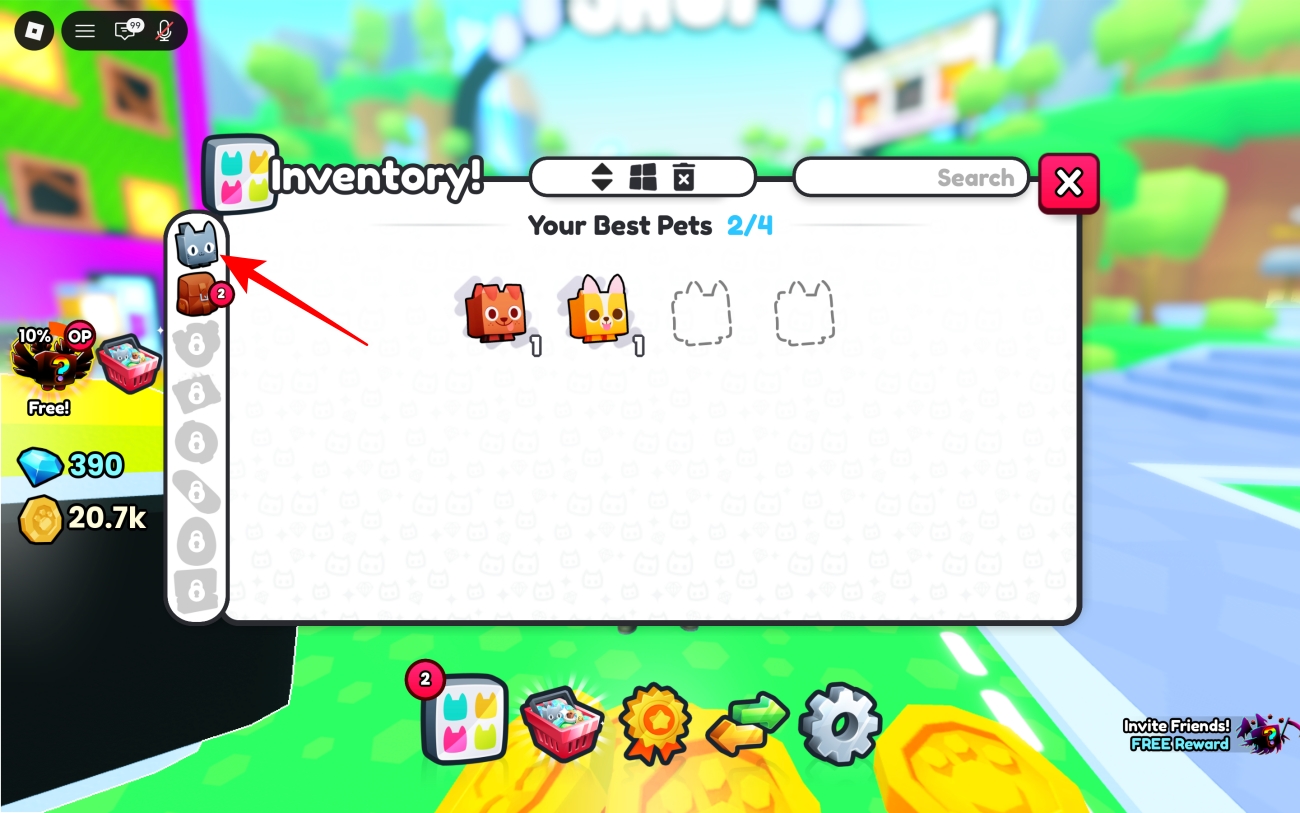 Click the Pets button at the bottom of the screen