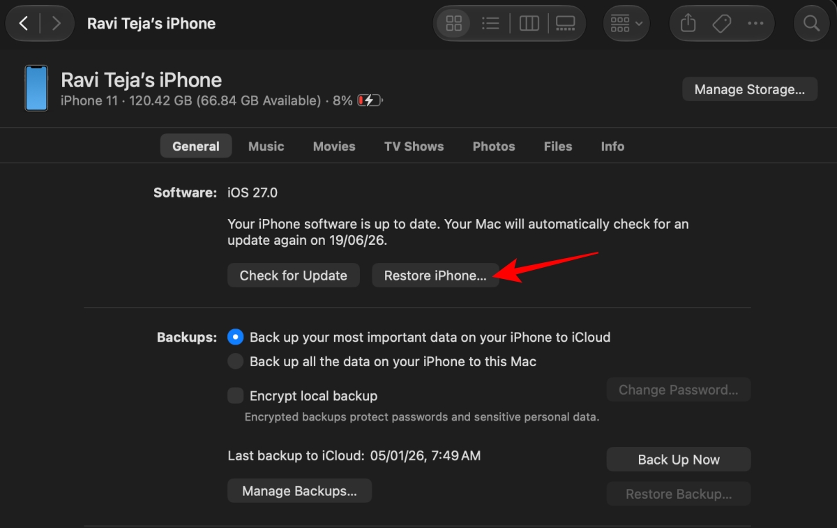 Downgrade from iOS 27 beta to iOS 26 from Mac
