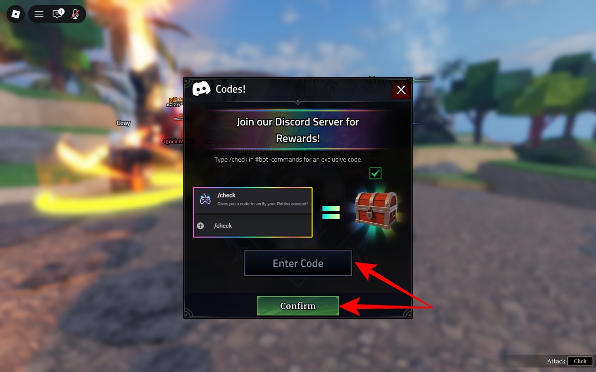 Enter a code and press Confirm to claim rewards
