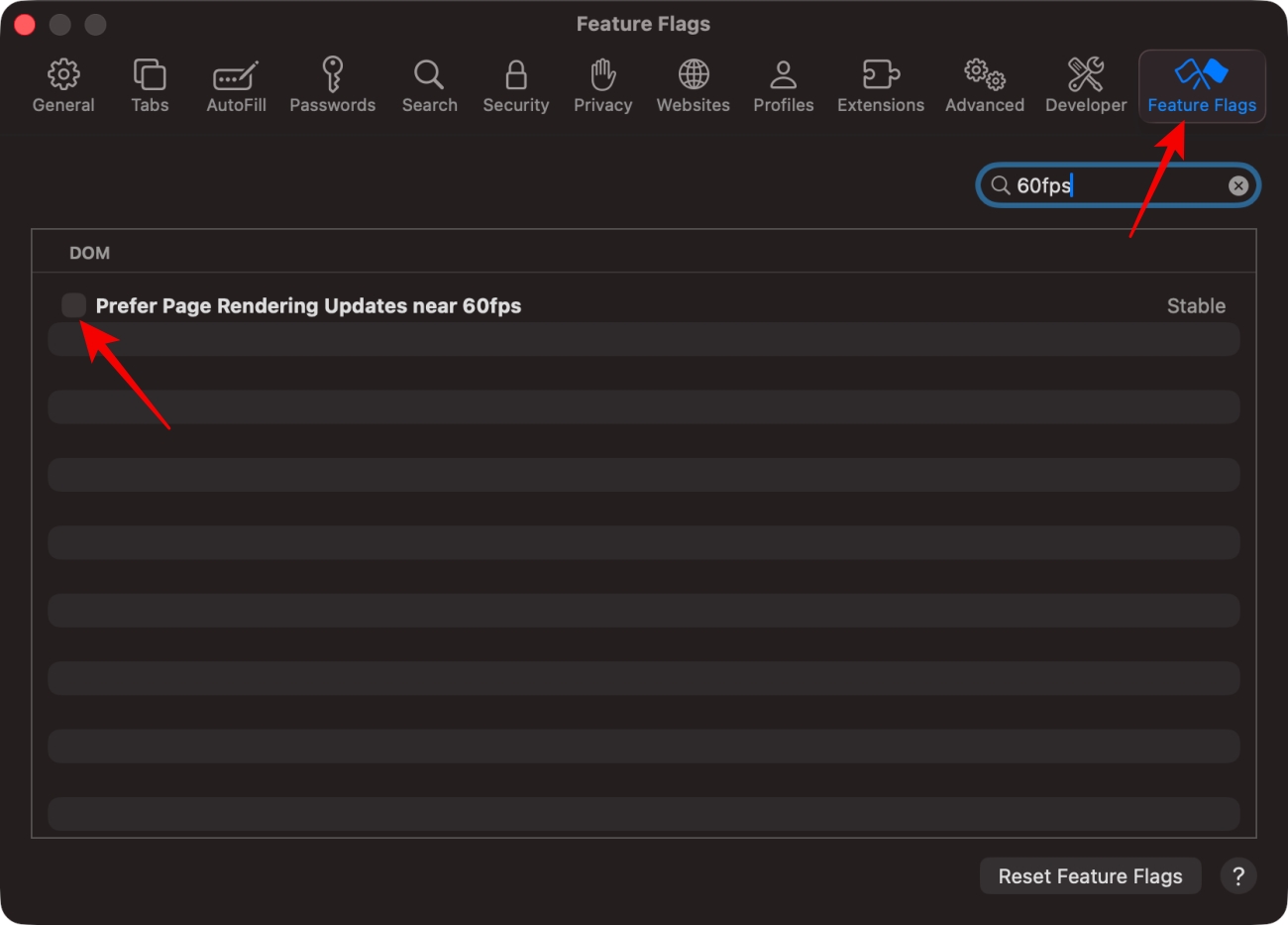 Feature Flags settings with the 60fps option