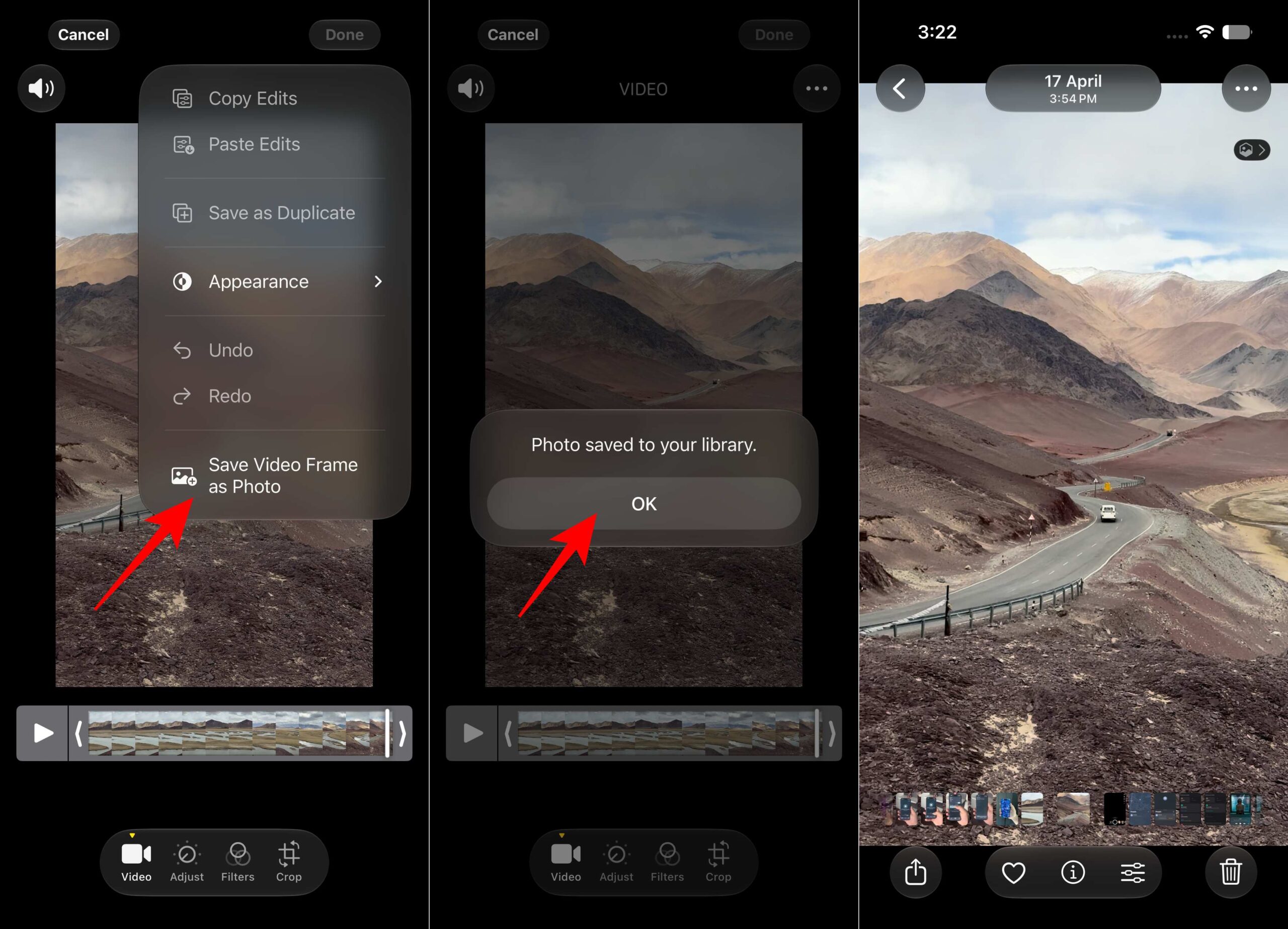 Video editing app screen showing an actions menu with Copy Edits, Paste Edits, Save as Duplicate, Appearance, Undo, Redo actions.