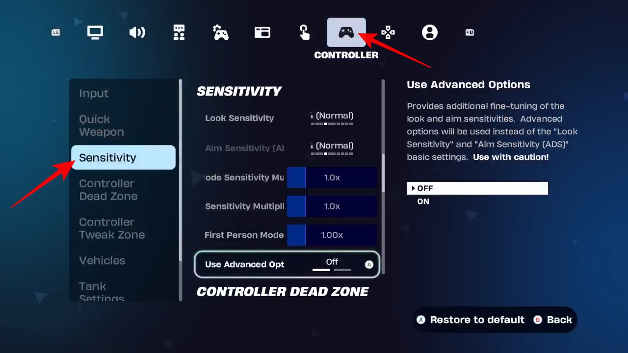 Fortnite Controller settings showing the Sensitivity section