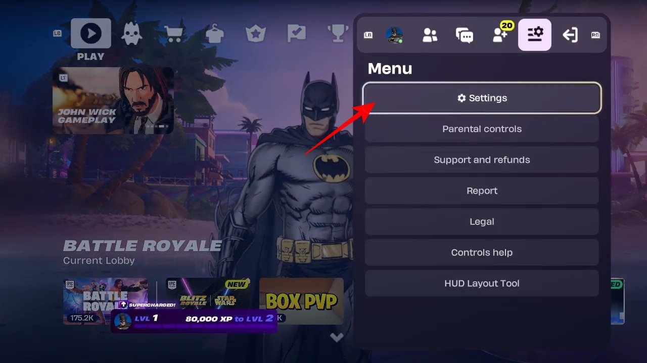 Fortnite Settings menu with the gear icon selected