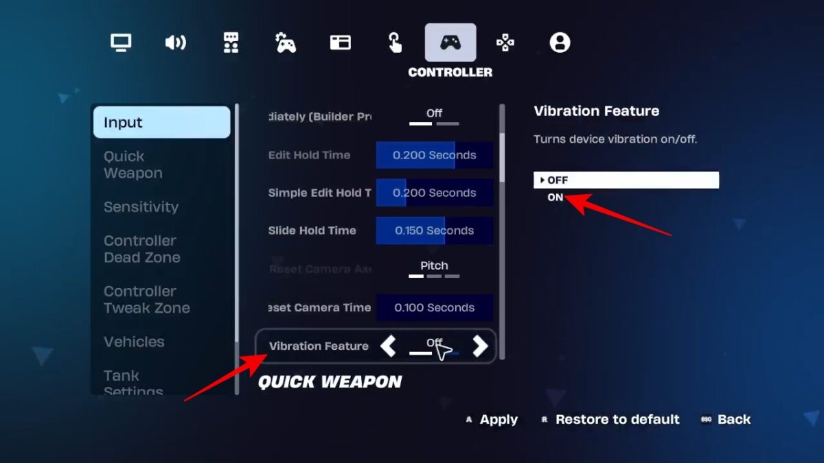 Fortnite controller vibration setting screen