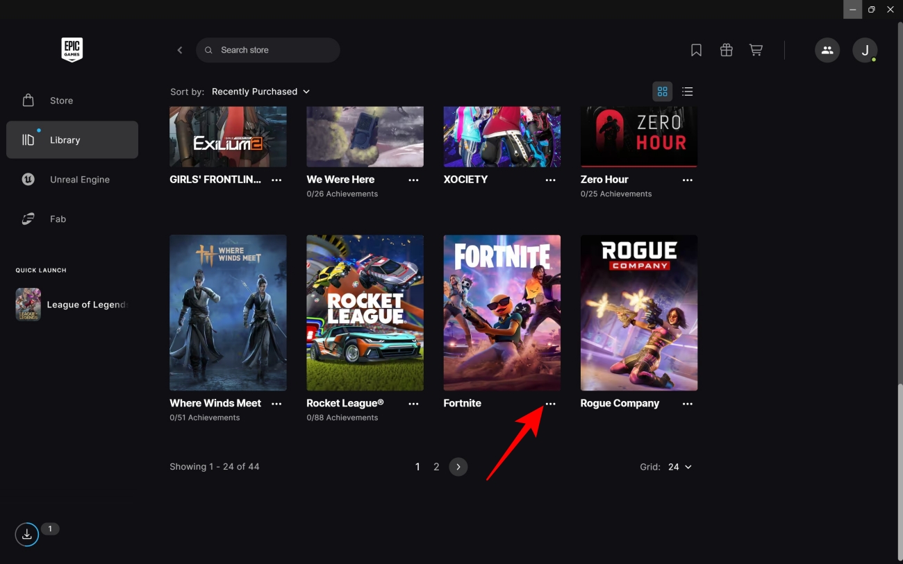 Fortnite three dot menu in the Epic Games Launcher