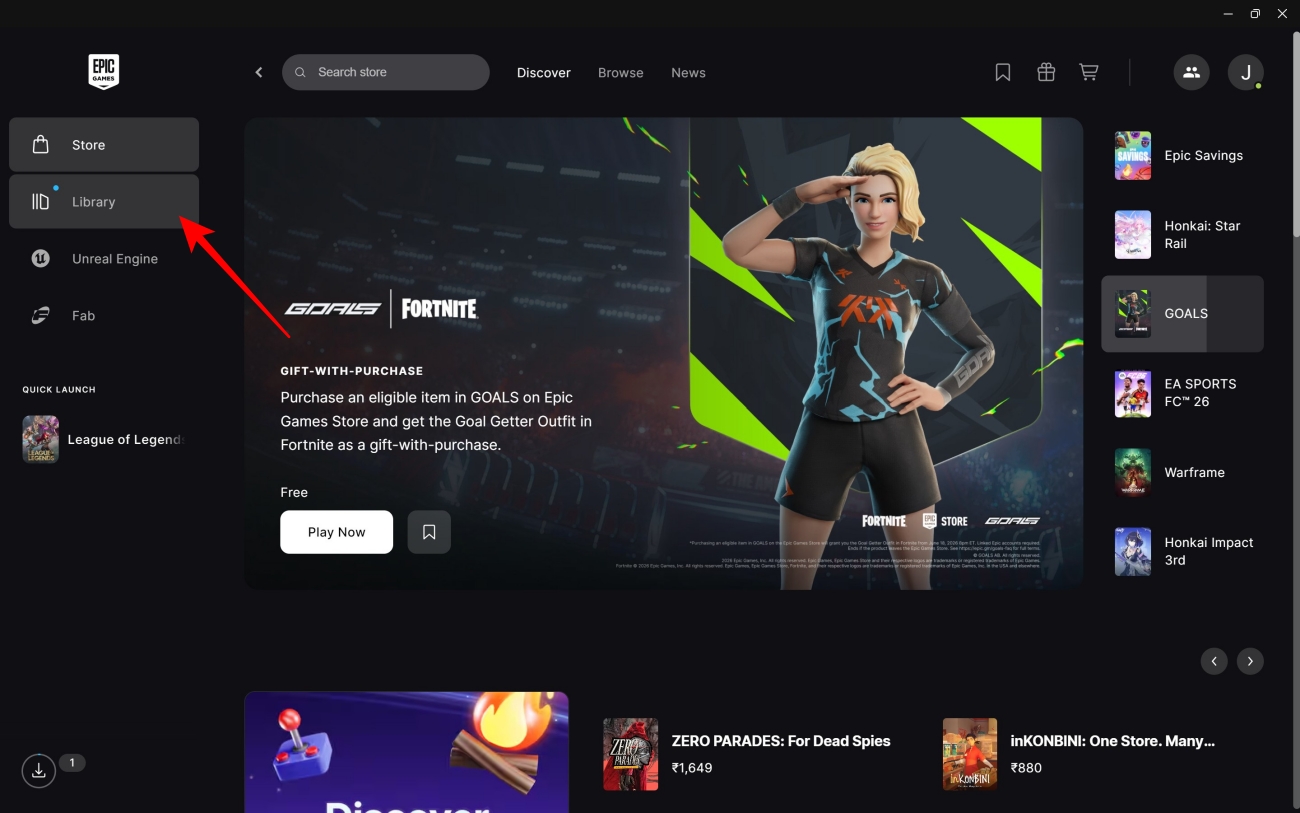 Home menu Epic games store