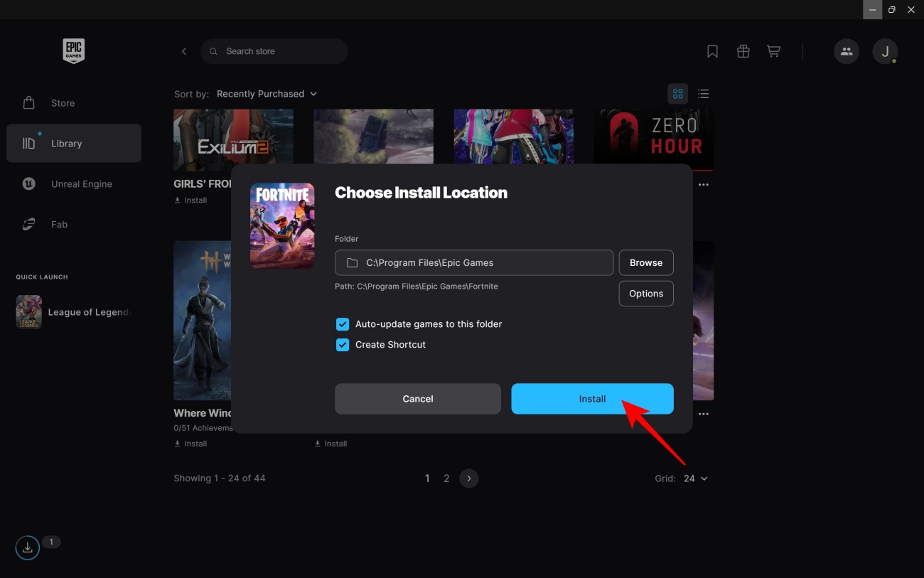 Install fortnite Epic games store