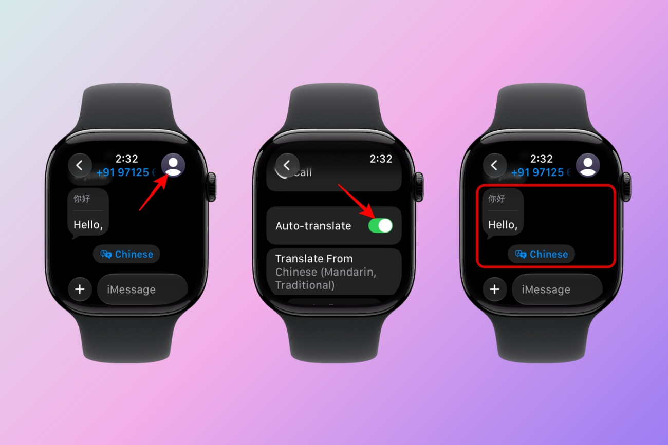 Live Translation prompt in Apple Watch Messages app