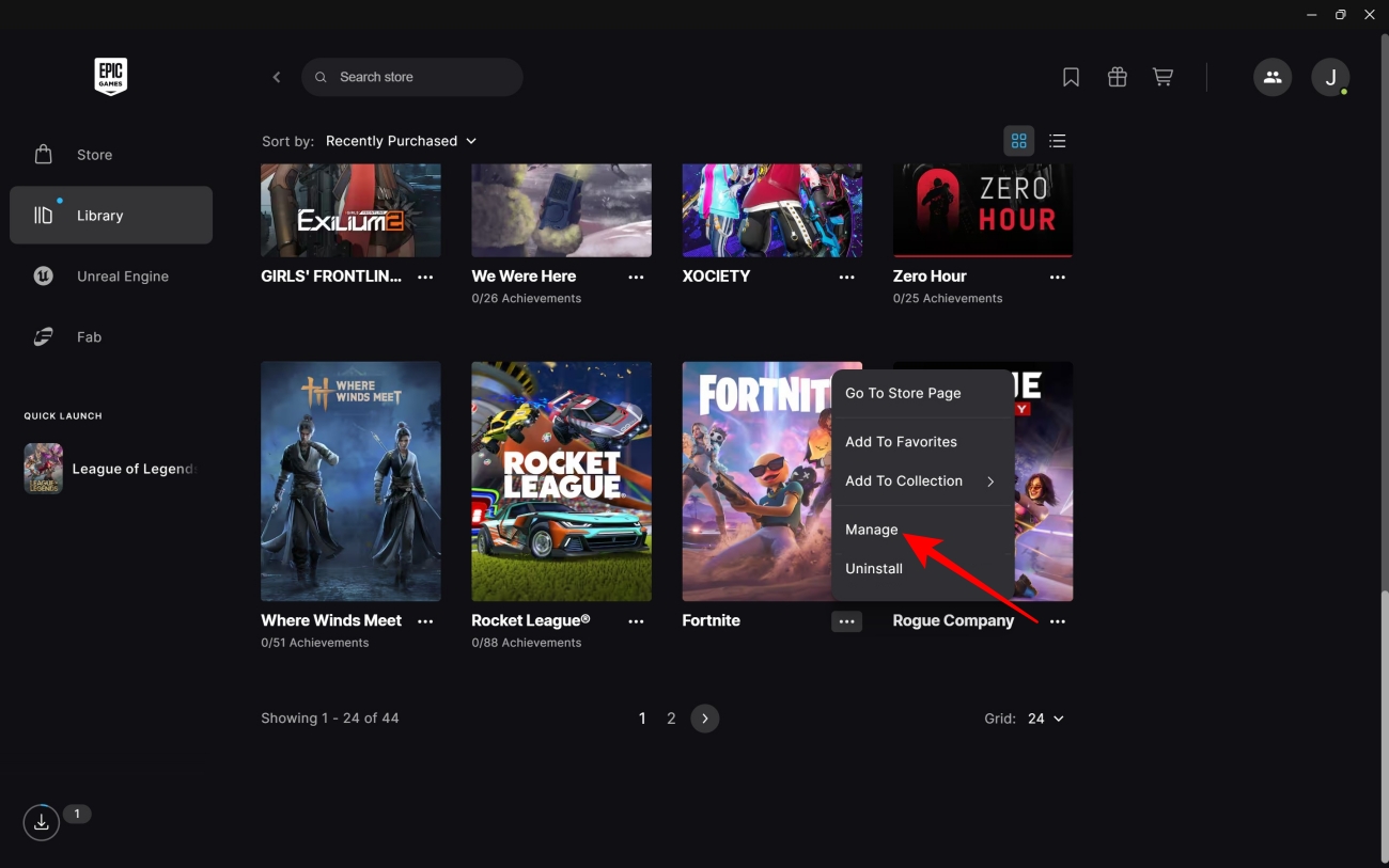 Manage fortnite Epic games store
