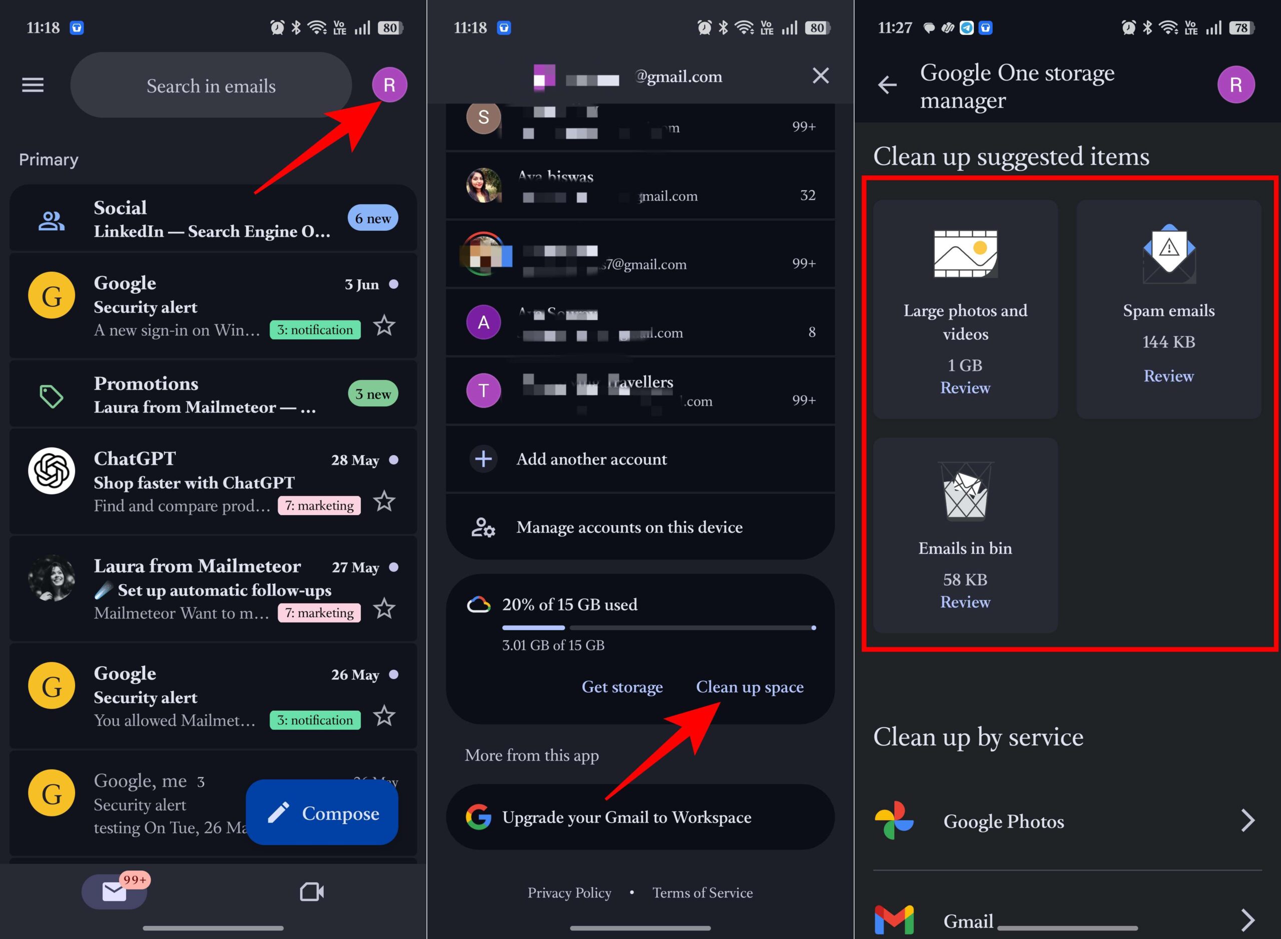 Managing google storage space