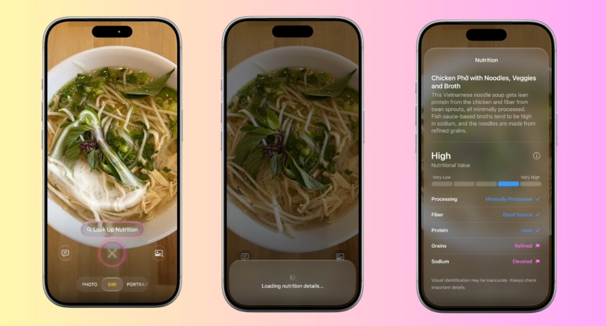 Three iPhones show a bowl of noodle soup with herbs; left screen has a 'Look Up Nutrition' button, middle loads nutrition details, right displays a full nutrition panel.