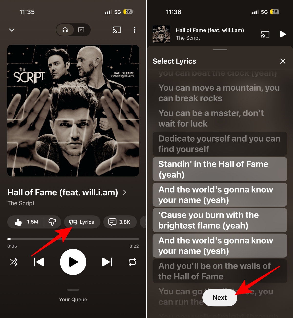 Opening song lyrics in YouTube Music