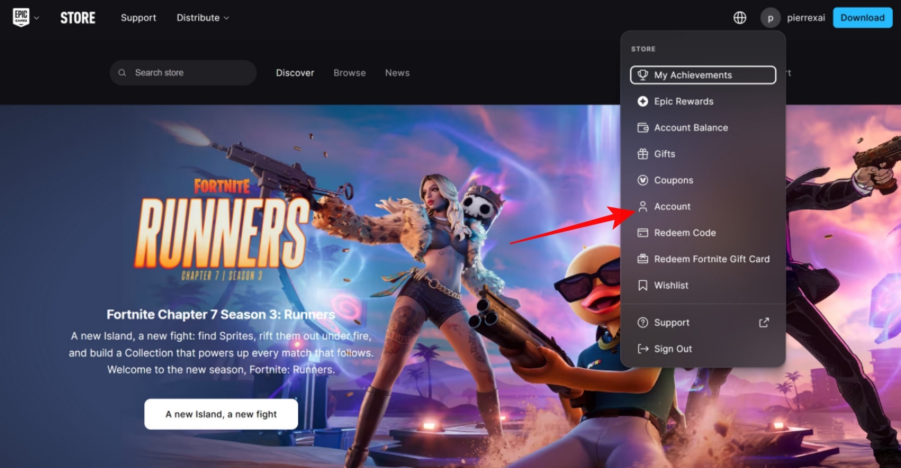Profile menu with the Account option selected