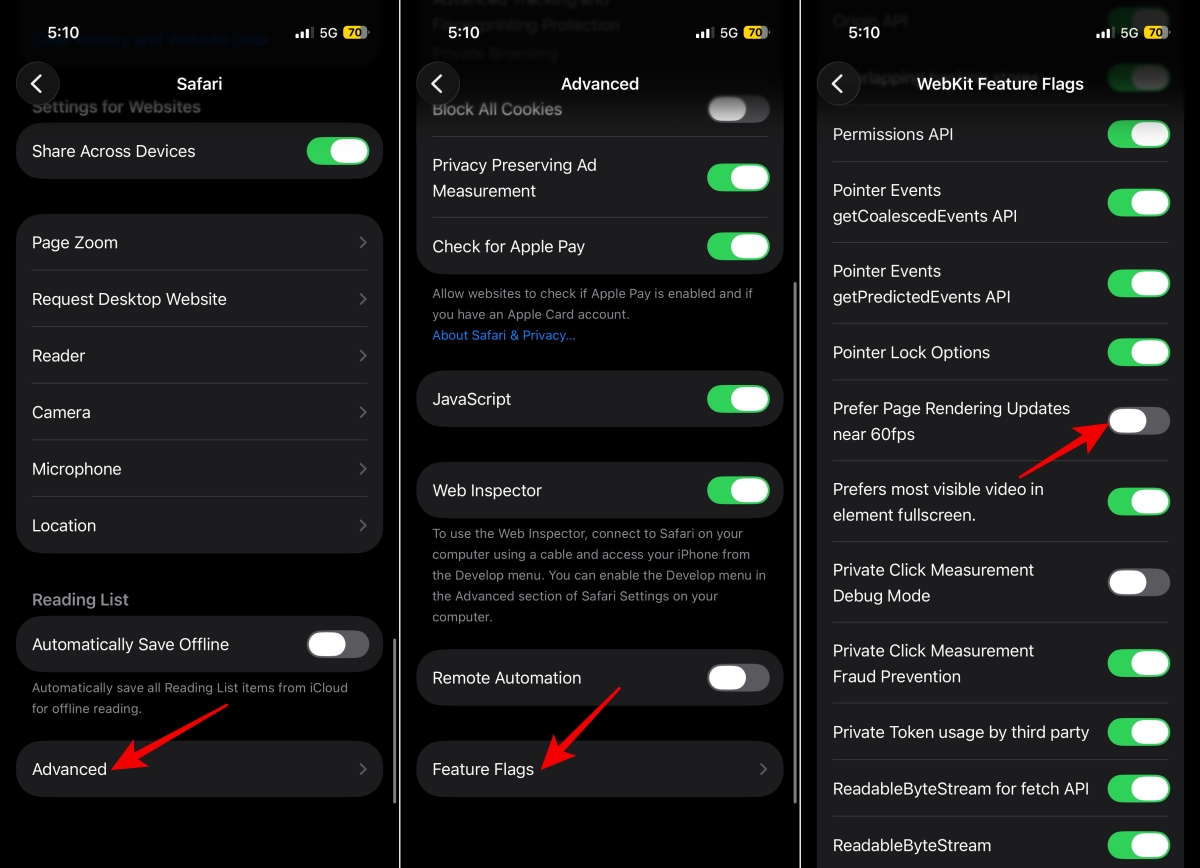 Safari Feature Flags settings screen