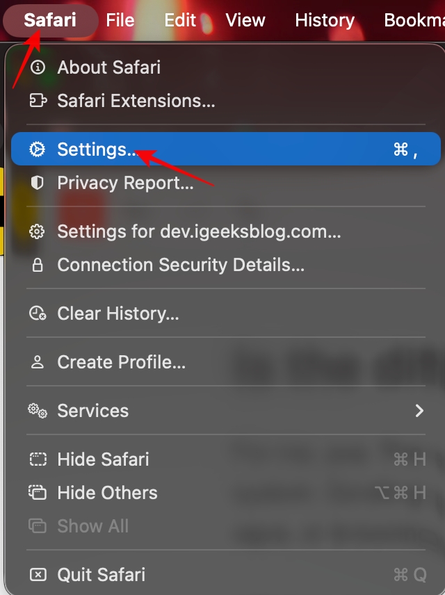 Safari Settings menu on Mac