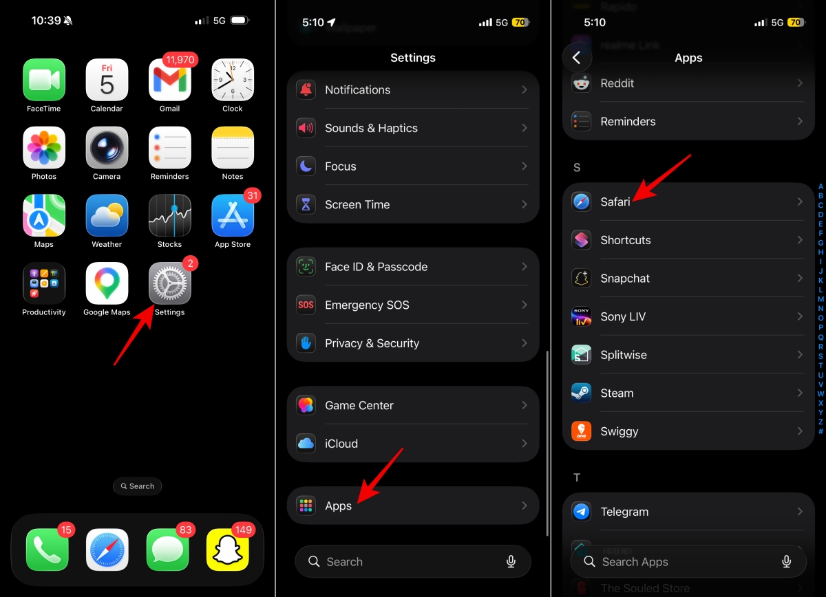 Safari option selected in the iPhone Settings app