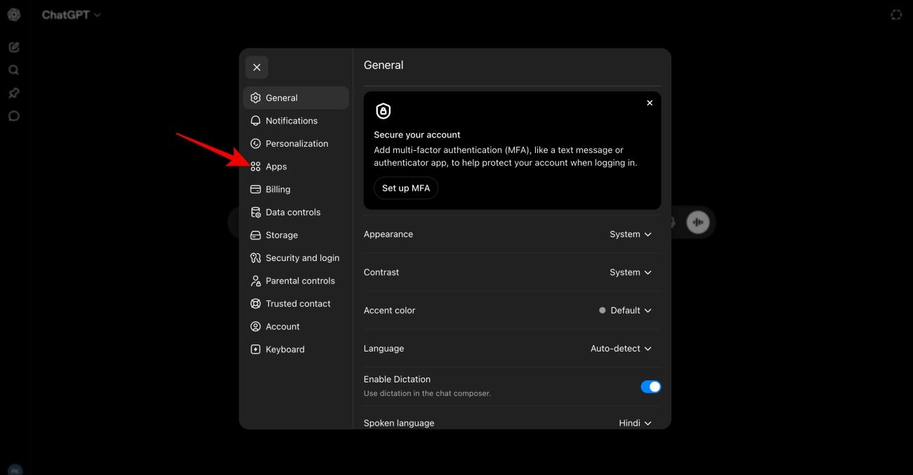 Select Apps on the left sidebar.
