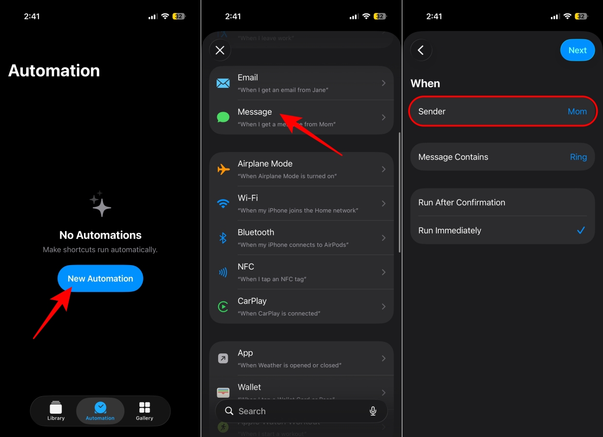 Setting up a Messages automation in the Shortcuts app