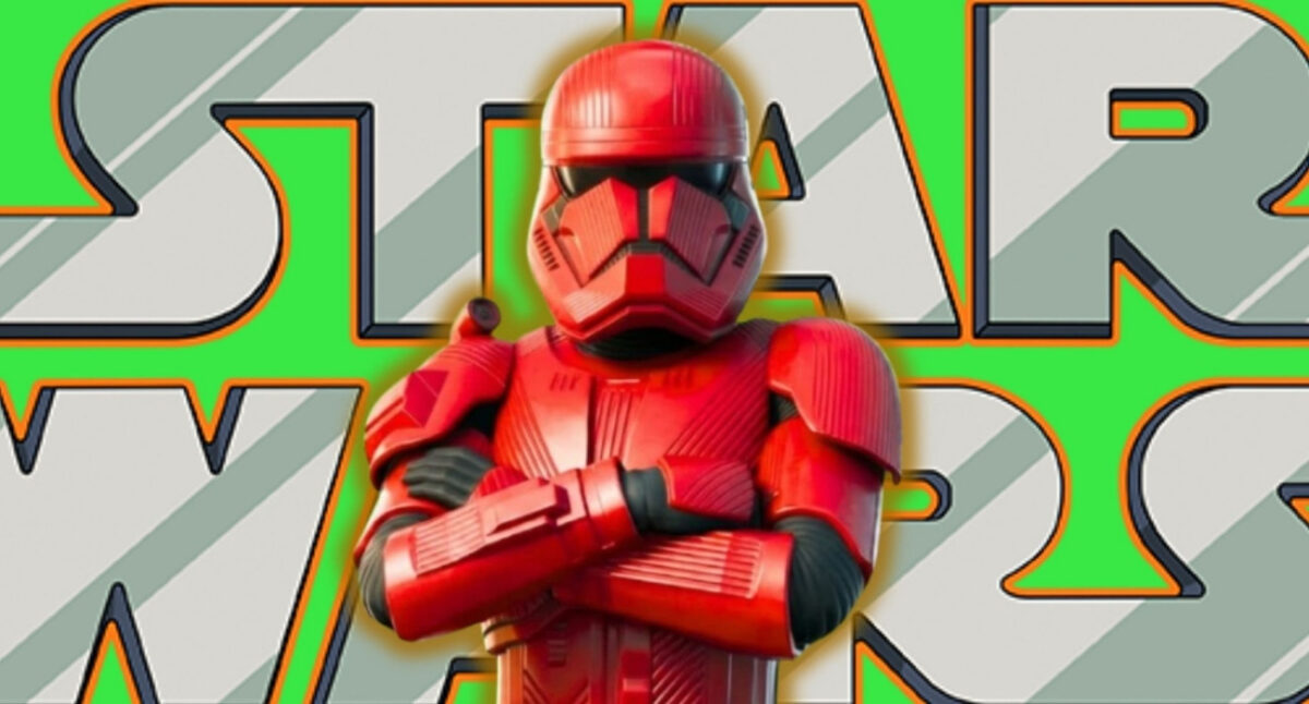Red armored Star Wars character with arms crossed in front of large gray ‘STAR WARS’ letters on a bright green background.