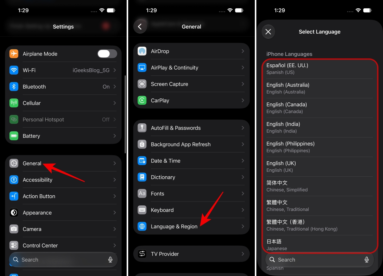 Translation Languages settings on iPhone