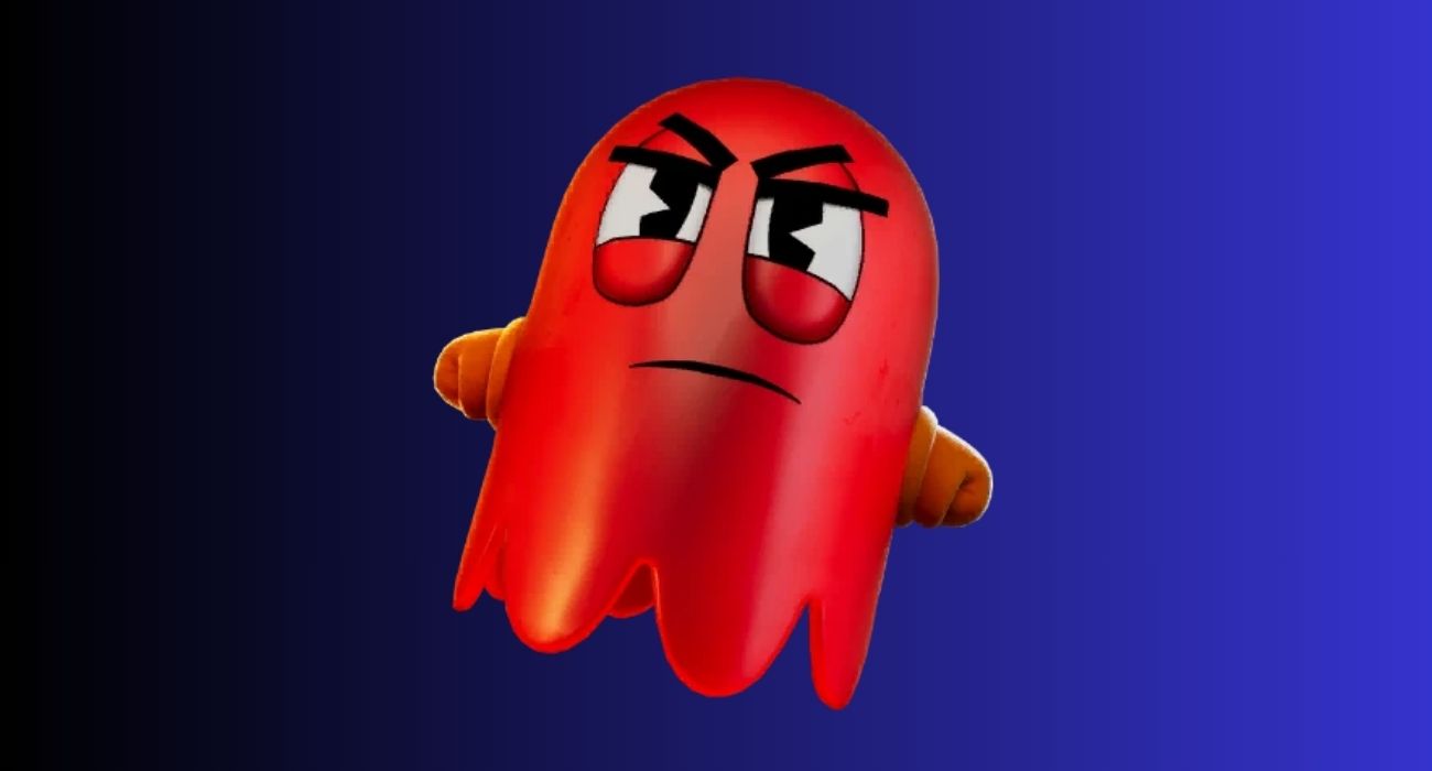 Red cartoon ghost with an angry expression on a blue gradient background