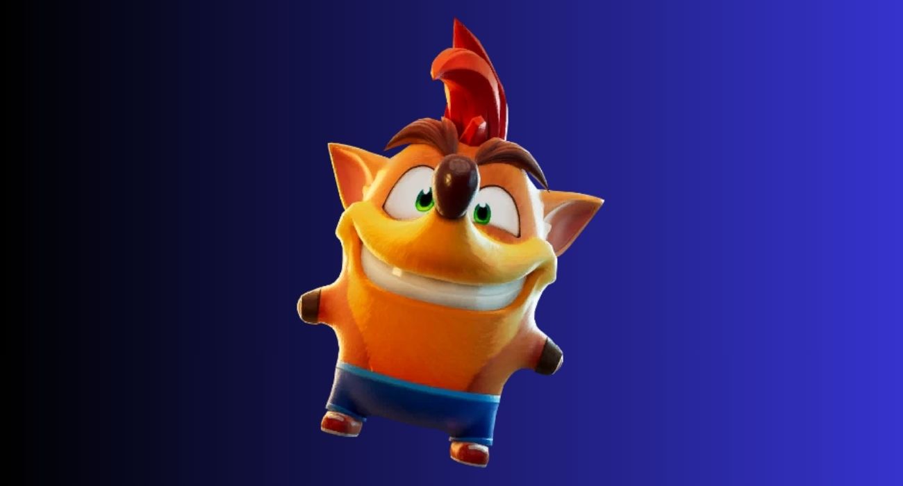 Playful 3D cartoon orange character with a red mohawk and big grin drifting against a blue gradient background.