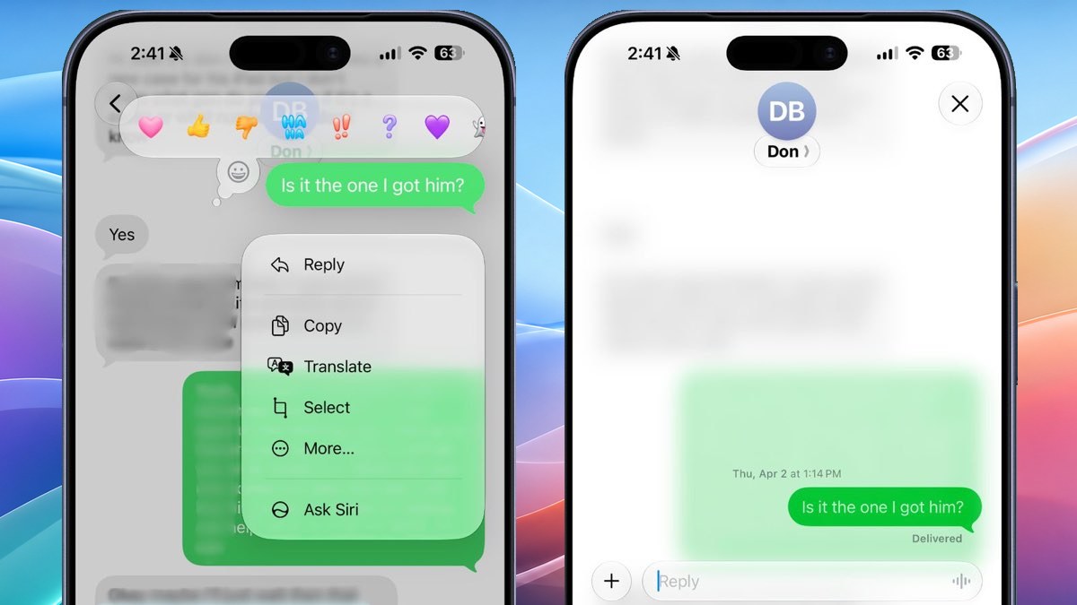 Reply option in an RCS conversation on iOS 27 beta 2 with a Mac-style wallpaper background
