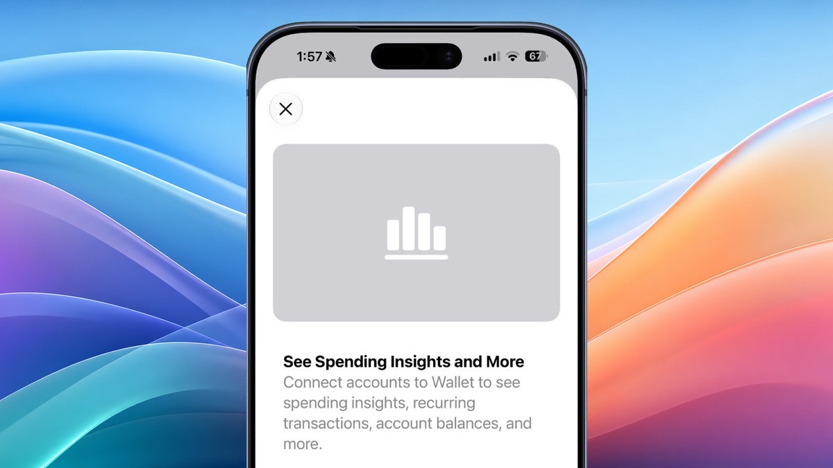 Wallet Insights preview in iOS 27 beta 2 with a Mac-style wallpaper background