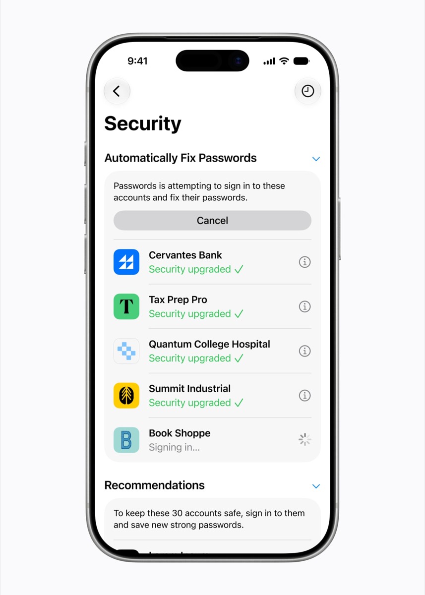 Passwords app automatically fixing weak account passwords