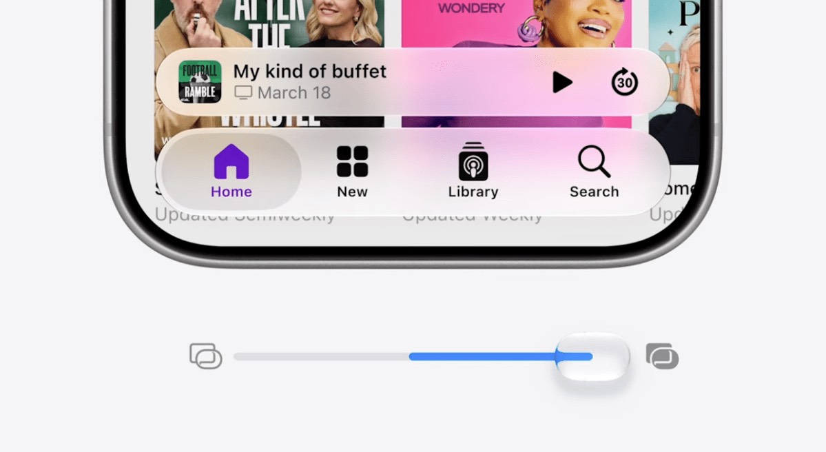 iPhone interface showing Liquid Glass controls with an intensity slider